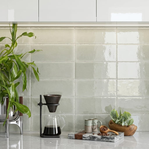 Natucer Frame Sage Glossy 6x12 Porcelain Tile — Kitchen backsplash edge