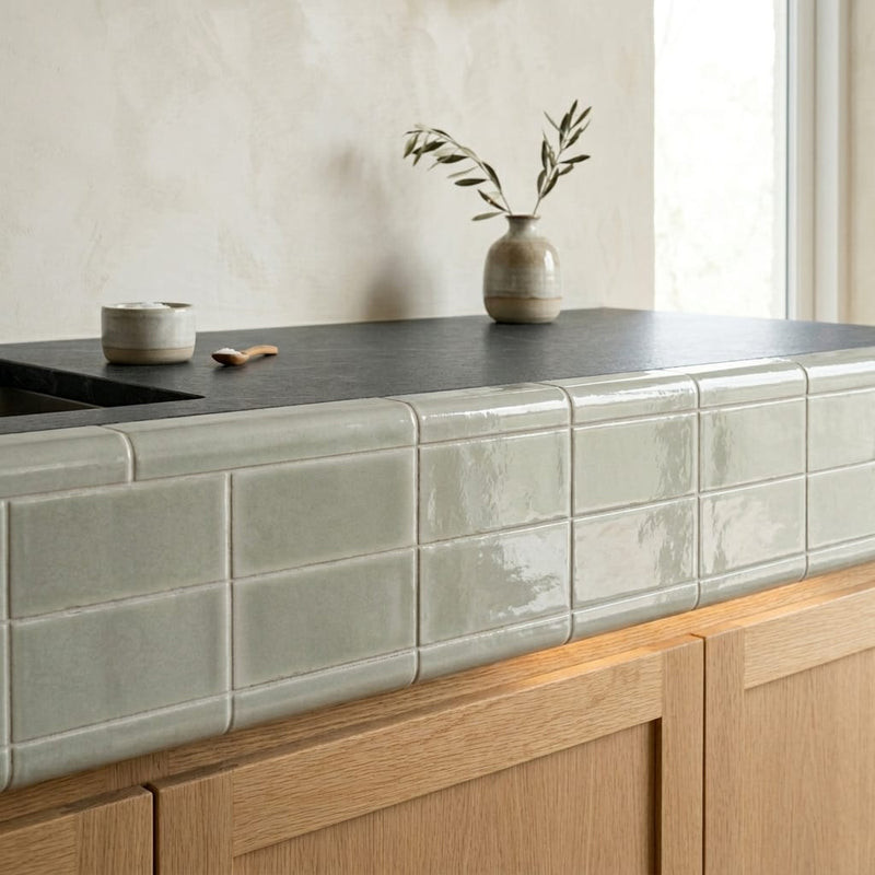 Natucer Frame Sage Glossy 6x12 Porcelain Tile — Kitchen countertop edge