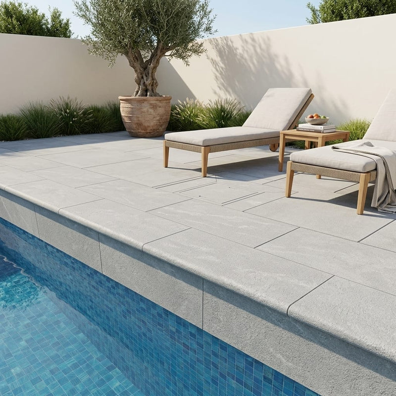 Natural Aqua Dolce Sandstone Flamed 12 x 24 x 1.25 Bullnose Coping 12x24 pool coping — Swimming Pool remodel pool edge