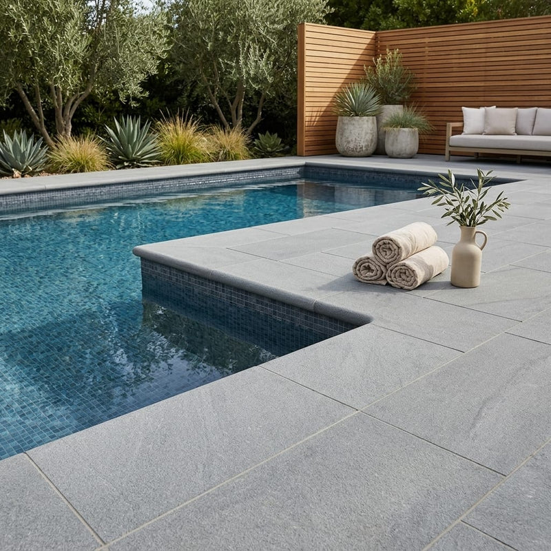 Natural Aqua Dolce Sandstone Flamed 12 x 24 x 2 Bullnose Coping 12x24 pool coping — Swimming Pool pool edge drop-face coping