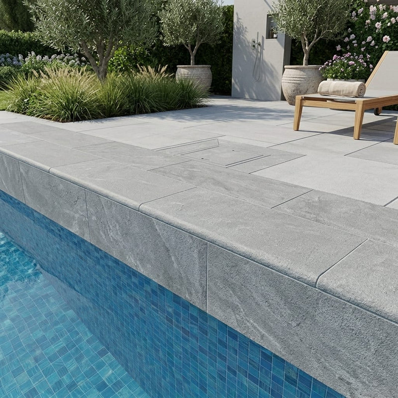 Natural Aqua Dolce Sandstone Flamed 12 x 24 x 2 Bullnose Coping 12x24 pool coping — Swimming Pool remodel pool edge