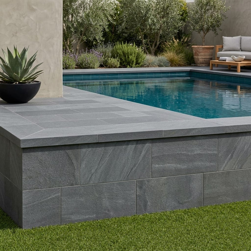 Natural Aqua Dolce Sandstone Flamed 12 x 24 x 2 Modern Coping 12x24 pool coping — Swimming Pool raised bond beam cap