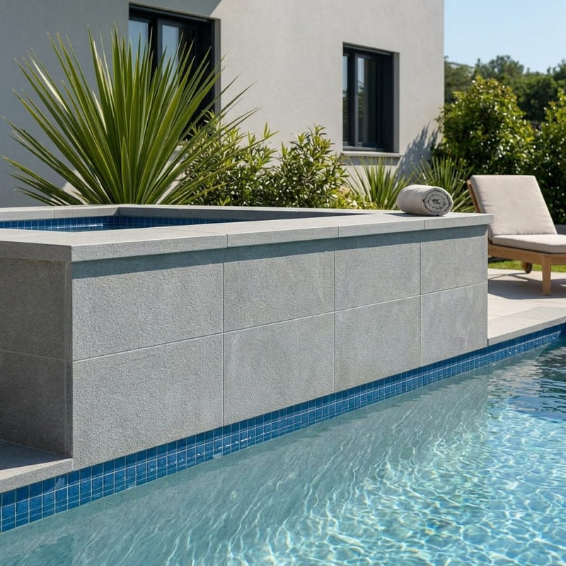 Natural Aqua Dolce Sandstone Flamed 16 x 24 x 2 Modern Coping 16x24 pool coping — Swimming Pool raised bond beam cap