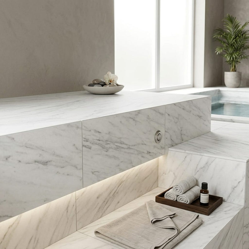 Natural Carrara Equinox Marble Leather (Sandblasted & Brushed) 12 x 24 x 1.25 Bullnose Coping 12x24 pool coping — Spa spa overhang edge