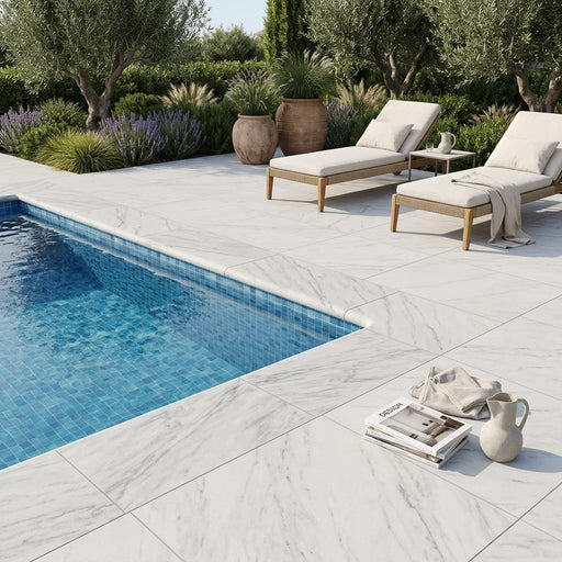 Natural Carrara Equinox Marble Leather (Sandblasted & Brushed) 12 x 24 x 1.25 Bullnose Coping 12x24 pool coping — Swimming Pool pool edge drop-face coping