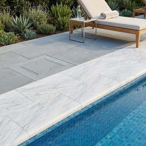 Natural Carrara Equinox Marble Leather (Sandblasted & Brushed) 12 x 24 x 1.25 Bullnose Coping 12x24 pool coping — Swimming Pool remodel pool edge