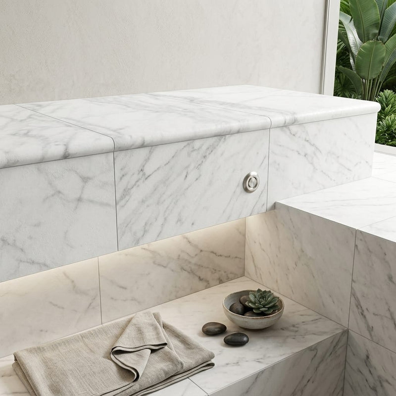 Natural Carrara Equinox Marble Leather (Sandblasted & Brushed) 12 x 24 x 2 Bullnose Coping 12x24 pool coping — Spa spa overhang edge