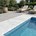 Natural Carrara Equinox Marble Leather (Sandblasted & Brushed) 12 x 24 x 2 Bullnose Coping 12x24 pool coping — Swimming Pool remodel pool edge