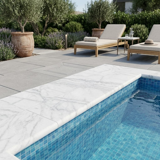 Natural Carrara Equinox Marble Leather (Sandblasted & Brushed) 12 x 24 x 2 Bullnose Coping 12x24 pool coping — Swimming Pool remodel pool edge