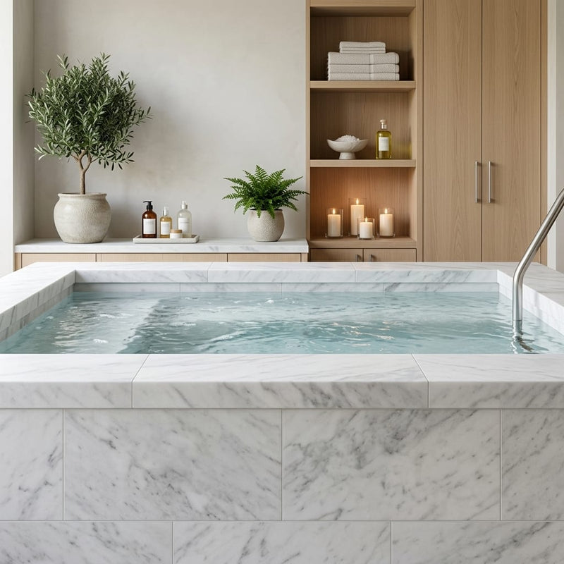 Natural Carrara Equinox Marble Leather (Sandblasted & Brushed) 12 x 24 x 2 Double Modern Coping 12x24 pool coping — Spa spa edge coping