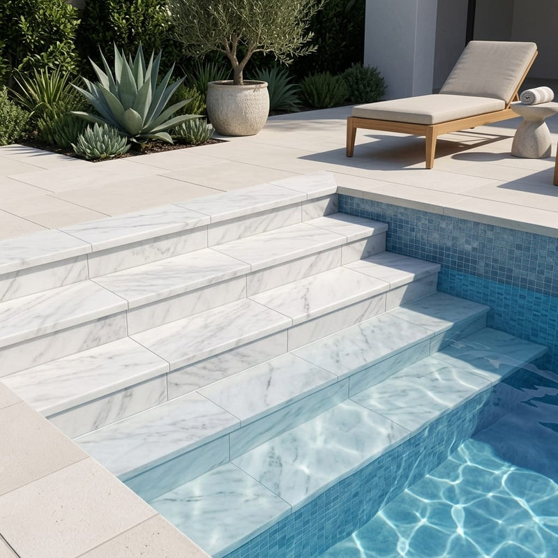 Natural Carrara Equinox Marble Leather (Sandblasted & Brushed) 12 x 24 x 2 Double Modern Coping 12x24 pool coping — Swimming Pool pool step edge