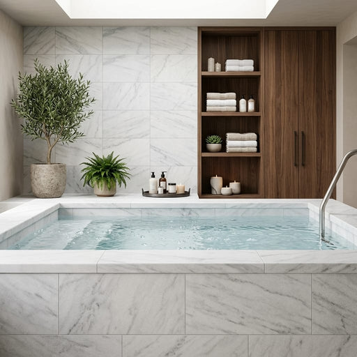 Natural Carrara Equinox Marble Leather (Sandblasted & Brushed) 12 x 24 x 2 Modern Coping 12x24 pool coping — Spa spa edge coping