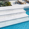 Natural Carrara Equinox Marble Leather (Sandblasted & Brushed) 12 x 24 x 2 Modern Coping 12x24 pool coping — Swimming Pool pool step edge