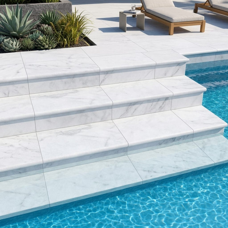 Natural Carrara Equinox Marble Leather (Sandblasted & Brushed) 12 x 24 x 2 Modern Coping 12x24 pool coping — Swimming Pool pool step edge