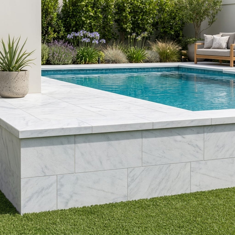 Natural Carrara Equinox Marble Leather (Sandblasted & Brushed) 12 x 24 x 2 Modern Coping 12x24 pool coping — Swimming Pool raised bond beam cap