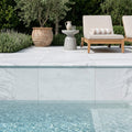 Natural Carrara Equinox Marble Leather (Sandblasted & Brushed) 16 x 24 x 1.25 Bullnose Coping 16x24 pool coping — Swimming Pool remodel pool edge