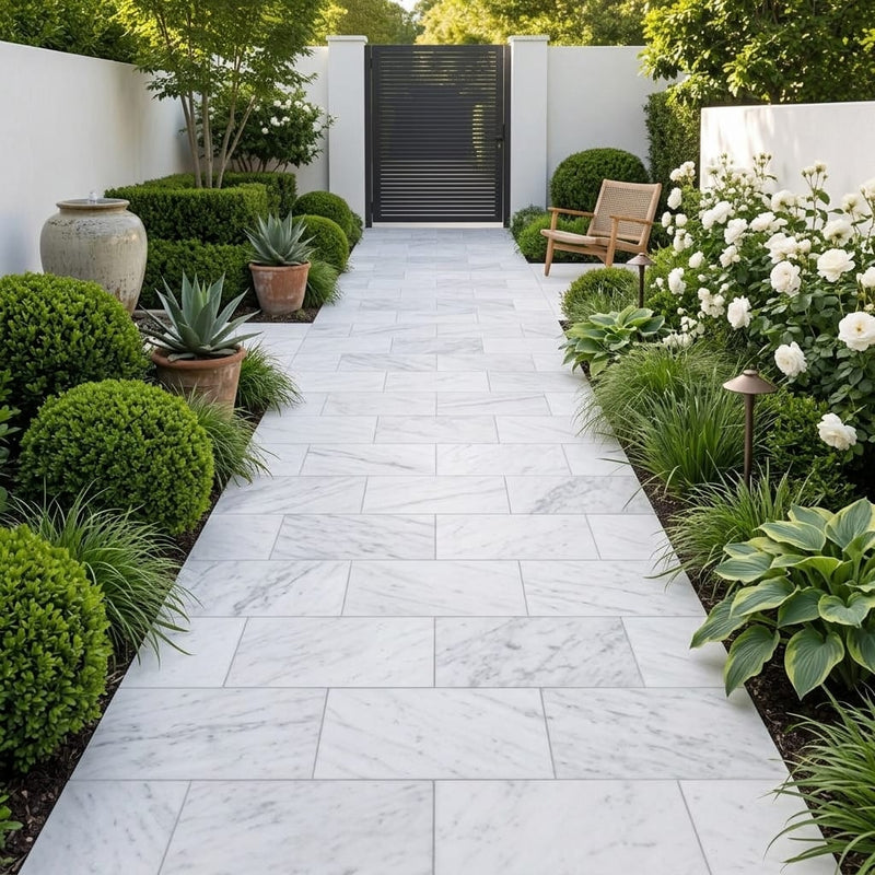 Natural Carrara Equinox Marble Leather (Sandblasted & Brushed) 16 x 24 x 1.25 Paver 16x24 — Garden path
