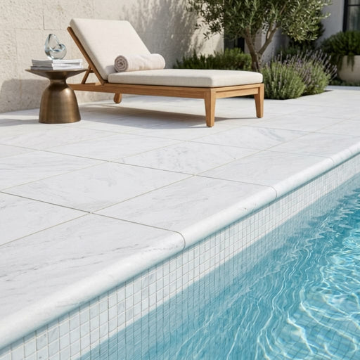 Natural Carrara Equinox Marble Leather (Sandblasted & Brushed) 16 x 24 x 2 Bullnose Coping 16x24 pool coping — Swimming Pool pool edge drop-face coping
