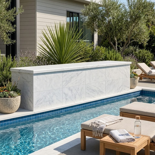Natural Carrara Equinox Marble Leather (Sandblasted & Brushed) 16 x 24 x 2 Double Modern Coping 16x24 pool coping — Swimming Pool raised bond beam cap