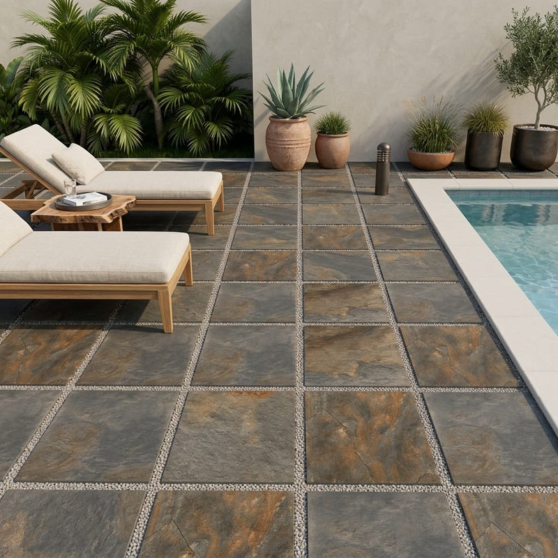 Natural Harmony Slate Porcelain Rough & Straight Edge 24 x 24 x 3/4 Paver 24x24 — Backyard pool deck