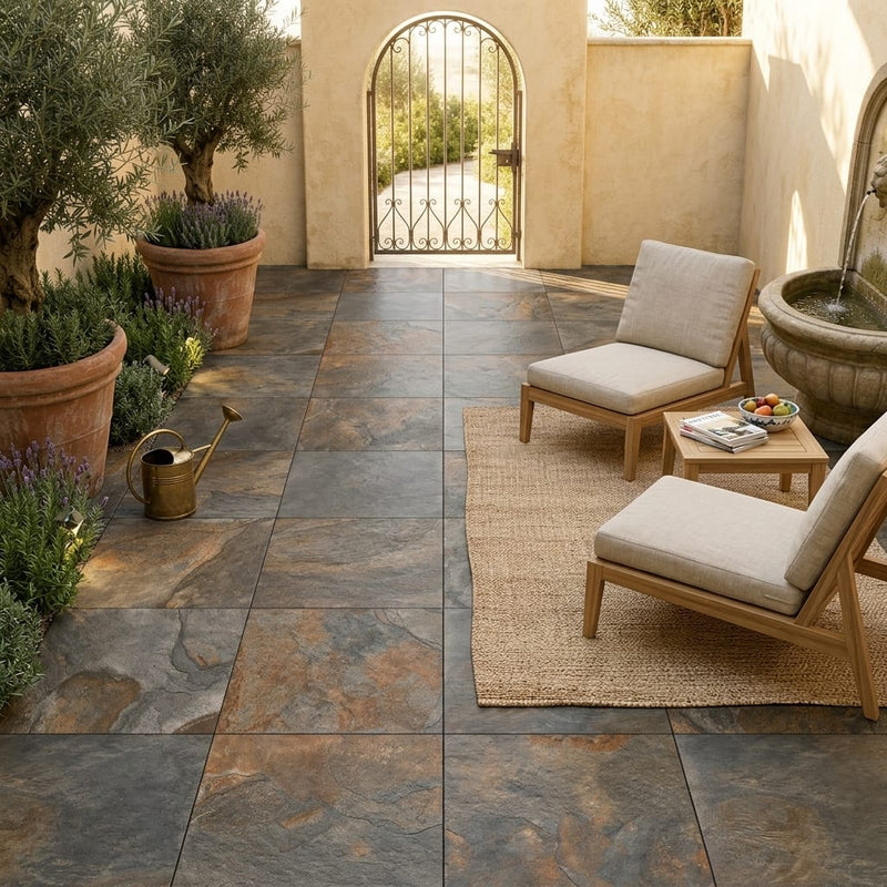 Natural Harmony Slate Porcelain Rough & Straight Edge 24 x 24 x 3/4 Paver 24x24 — Courtyard paving