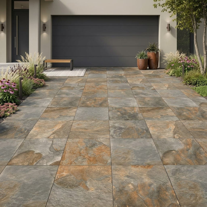 Natural Harmony Slate Porcelain Rough & Straight Edge 24 x 24 x 3/4 Paver 24x24 — Front Yard driveway