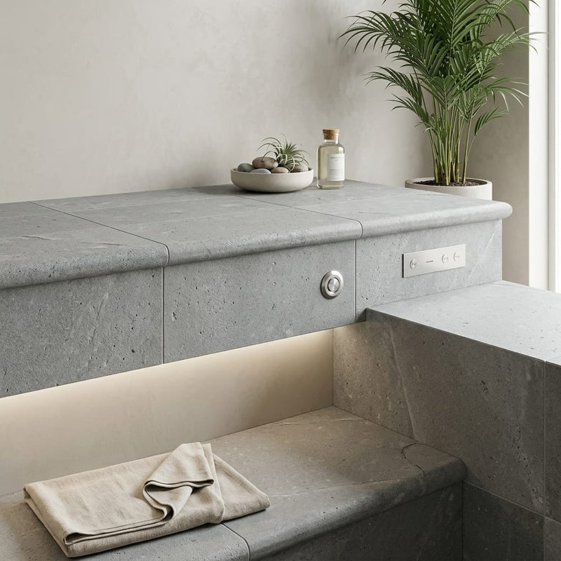 Natural Indian Bluestone Limestone Tumbled & Brushed 12 x 24 x 1.25 Bullnose Coping 12x24 pool coping — Spa spa overhang edge