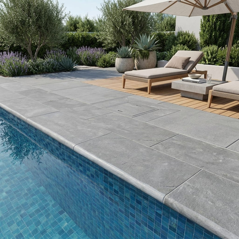 Natural Indian Bluestone Limestone Tumbled & Brushed 12 x 24 x 1.25 Bullnose Coping 12x24 pool coping — Swimming Pool remodel pool edge