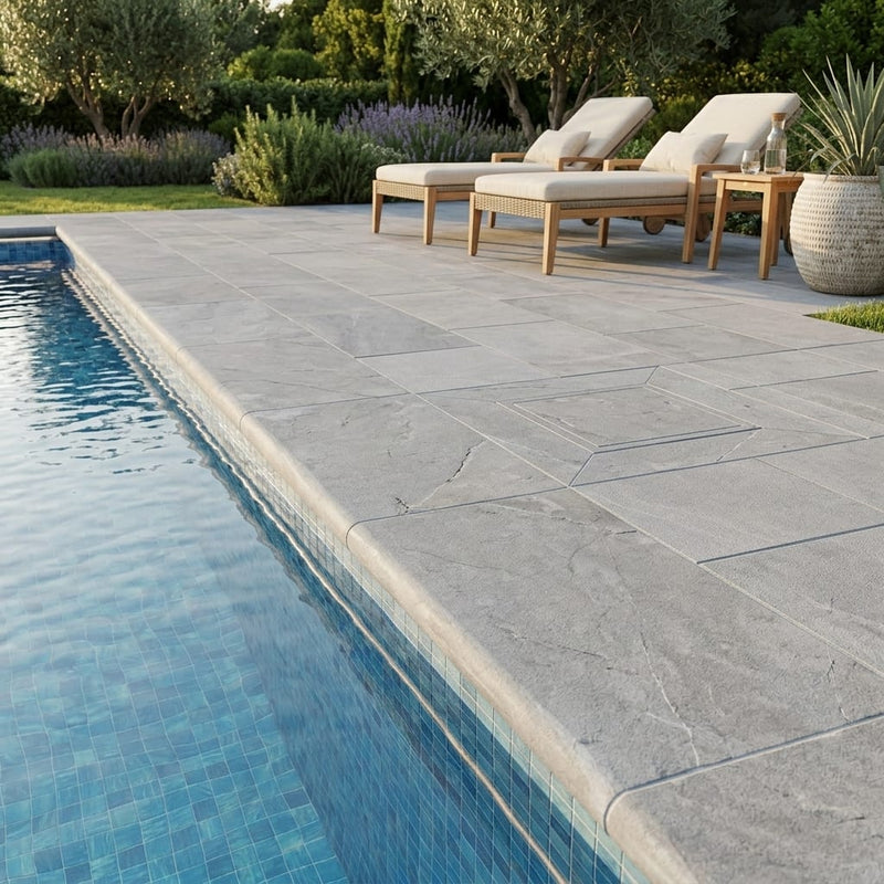 Natural Indian Bluestone Limestone Tumbled & Brushed 12 x 24 x 2 Bullnose Coping 12x24 pool coping — Swimming Pool remodel pool edge