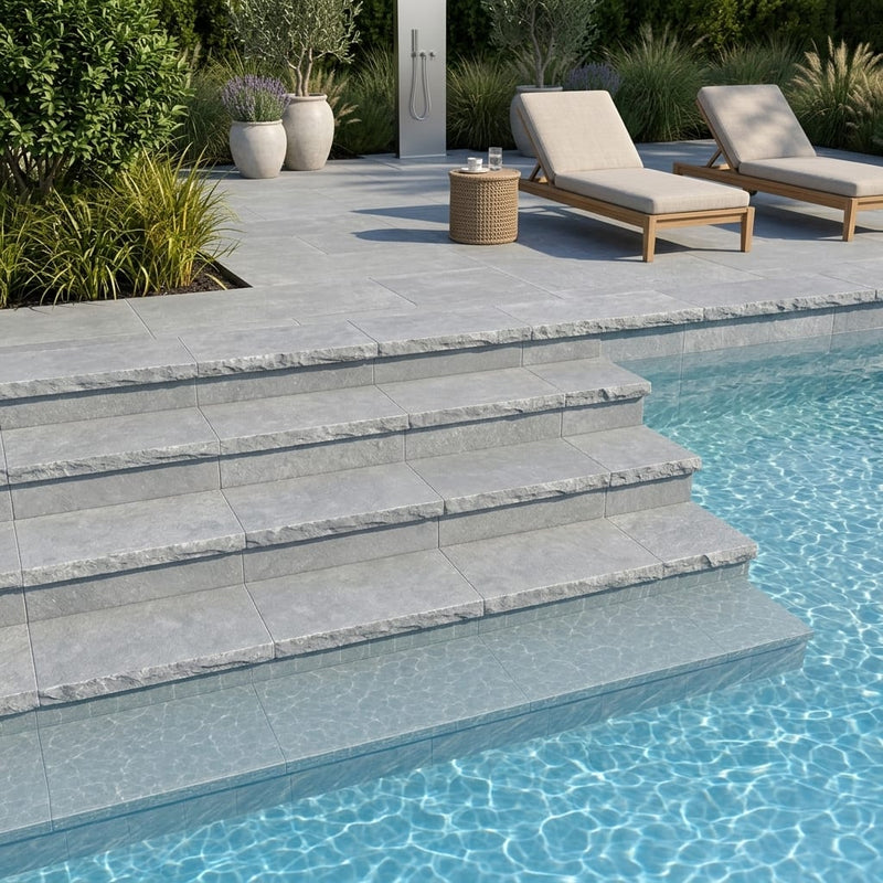 Natural Indian Bluestone Limestone Tumbled & Brushed 12 x 24 x 2 Modern Coping 12x24 pool coping — Swimming Pool pool step edge