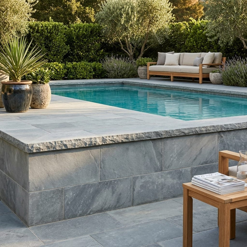 Natural Indian Bluestone Limestone Tumbled & Brushed 12 x 24 x 2 Modern Coping 12x24 pool coping — Swimming Pool raised bond beam cap