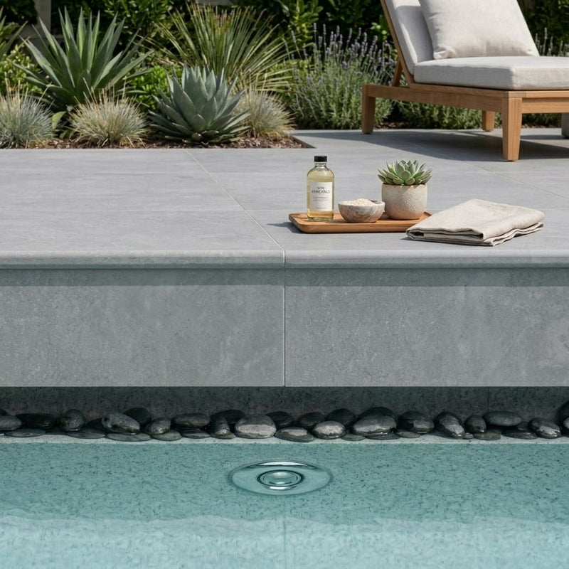 Natural Indian Bluestone Limestone Tumbled & Brushed 16 x 24 x 1.25 Bullnose Coping 16x24 pool coping — Spa spa overhang edge