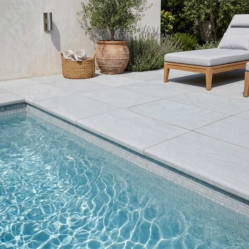 Natural Indian Bluestone Limestone Tumbled & Brushed 16 x 24 x 1.25 Bullnose Coping 16x24 pool coping — Swimming Pool pool edge drop-face coping
