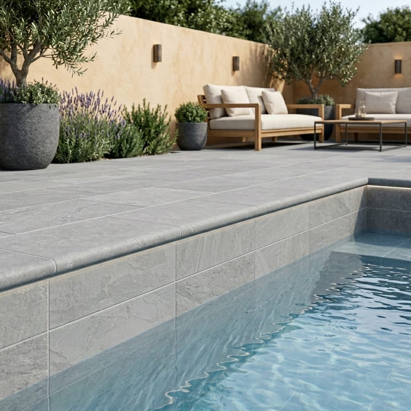 Natural Indian Bluestone Limestone Tumbled & Brushed 16 x 24 x 1.25 Bullnose Coping 16x24 pool coping — Swimming Pool remodel pool edge