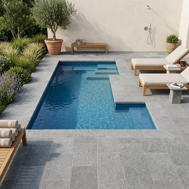 Natural Indian Bluestone Limestone Tumbled & Brushed 16 x 24 x 2 Modern Coping 16x24 pool coping — Swimming Pool pool edge coping