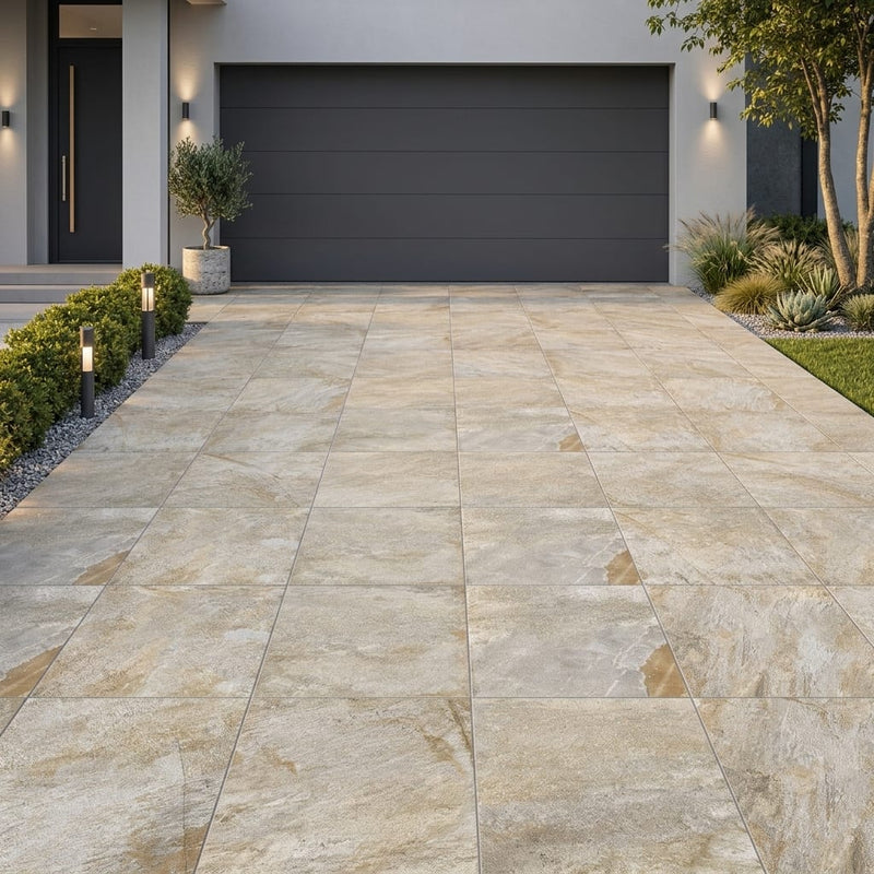 Natural Quartzite Multicolor Porcelain Rough & Straight Edge 24 x 24 x 3/4 Paver 24x24 — Front Yard driveway