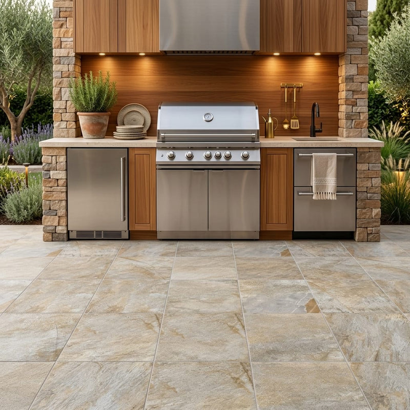 Natural Quartzite Multicolor Porcelain Rough & Straight Edge 24 x 24 x 3/4 Paver 24x24 — Outdoor Kitchen floor