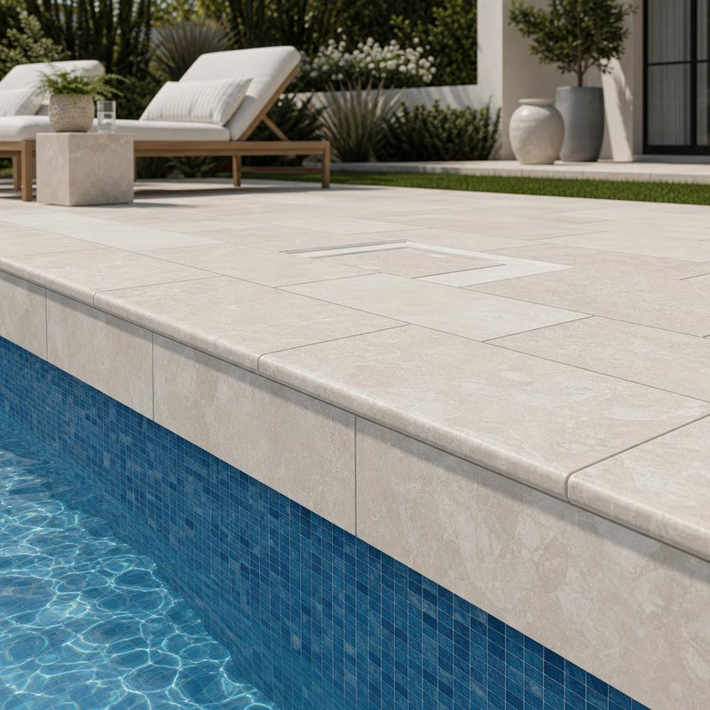 Natural Verona Marble Leather (Sandblasted & Brushed) 12 x 24 x 1.25 Bullnose Coping 12x24 pool coping — Swimming Pool remodel pool edge