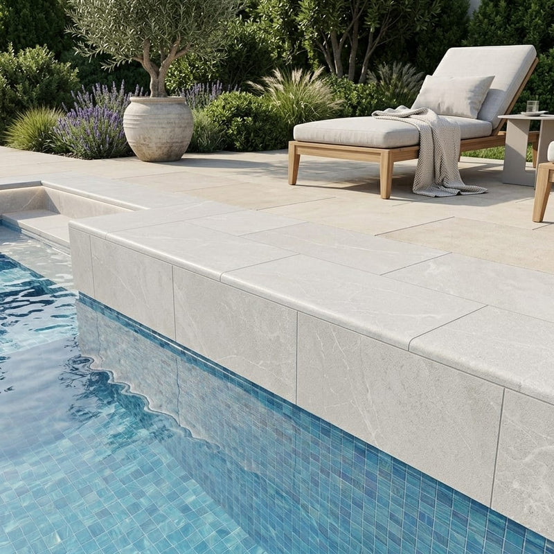 Natural Verona Marble Leather (Sandblasted & Brushed) 12 x 24 x 1.25 Double Bullnose Coping 12x24 pool coping — Swimming Pool remodel pool edge