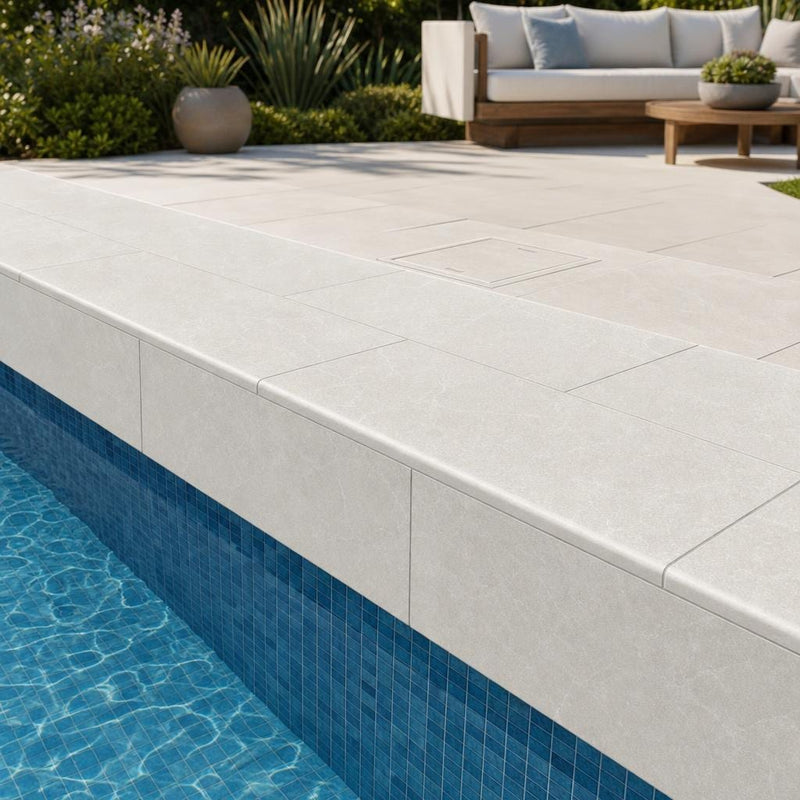 Natural Verona Marble Leather (Sandblasted & Brushed) 12 x 24 x 1.25 Double Bullnose Coping 12x24 pool coping — Swimming Pool remodel pool edge