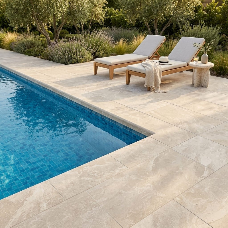 Natural Verona Marble Leather (Sandblasted & Brushed) 12 x 24 x 2 Bullnose Coping 12x24 pool coping — Swimming Pool pool edge drop-face coping