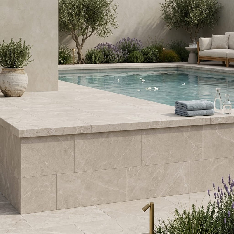Natural Verona Marble Leather (Sandblasted & Brushed) 12 x 24 x 2 Double Modern Coping 12x24 pool coping — Swimming Pool raised bond beam cap