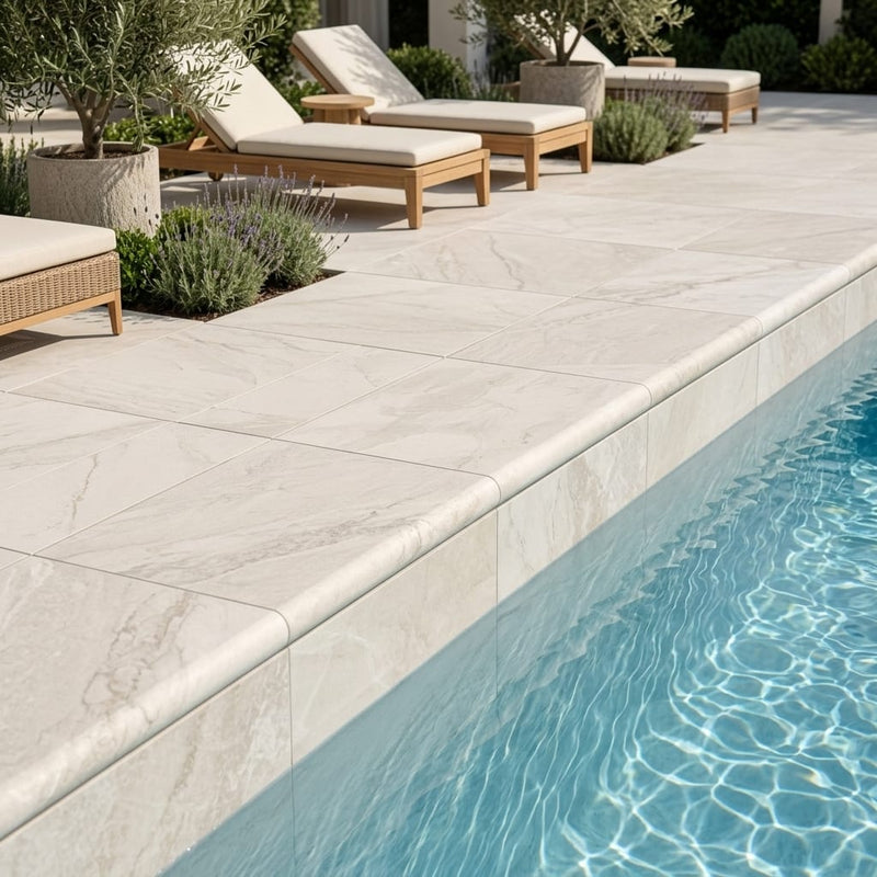 Natural Verona Marble Leather (Sandblasted & Brushed) 16 x 24 x 1.25 Bullnose Coping 16x24 pool coping — Swimming Pool pool edge drop-face coping