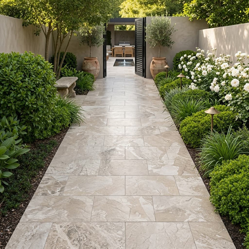 Natural Verona Marble Leather (Sandblasted & Brushed) 16 x 24 x 1.25 Paver 16x24 — Garden path