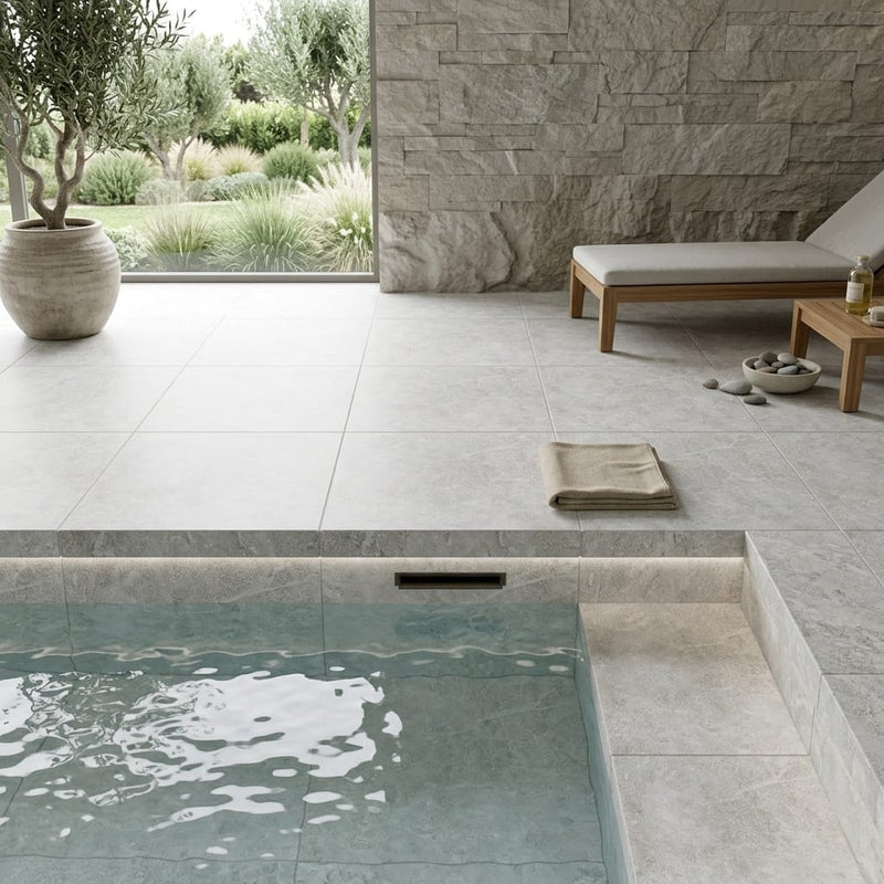 Natural Verona Marble Leather (Sandblasted & Brushed) 24 x 24 x 2 4- Sided Modern Coping 24x24 pool coping — Spa spa edge coping