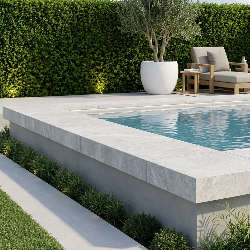 Natural Verona Marble Leather (Sandblasted & Brushed) 24 x 24 x 2 4- Sided Modern Coping 24x24 pool coping — Swimming Pool raised bond beam cap