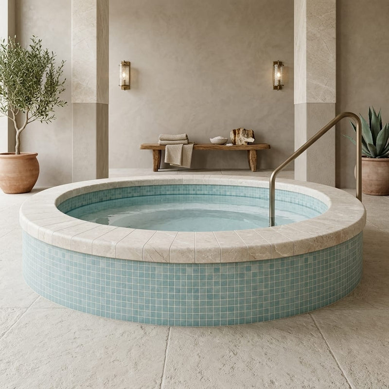 Natural Verona Marble Leather (Sandblasted & Brushed) 4 x 12 x 2 Bullnose Coping 4x12 pool coping — Spa spa overhang edge