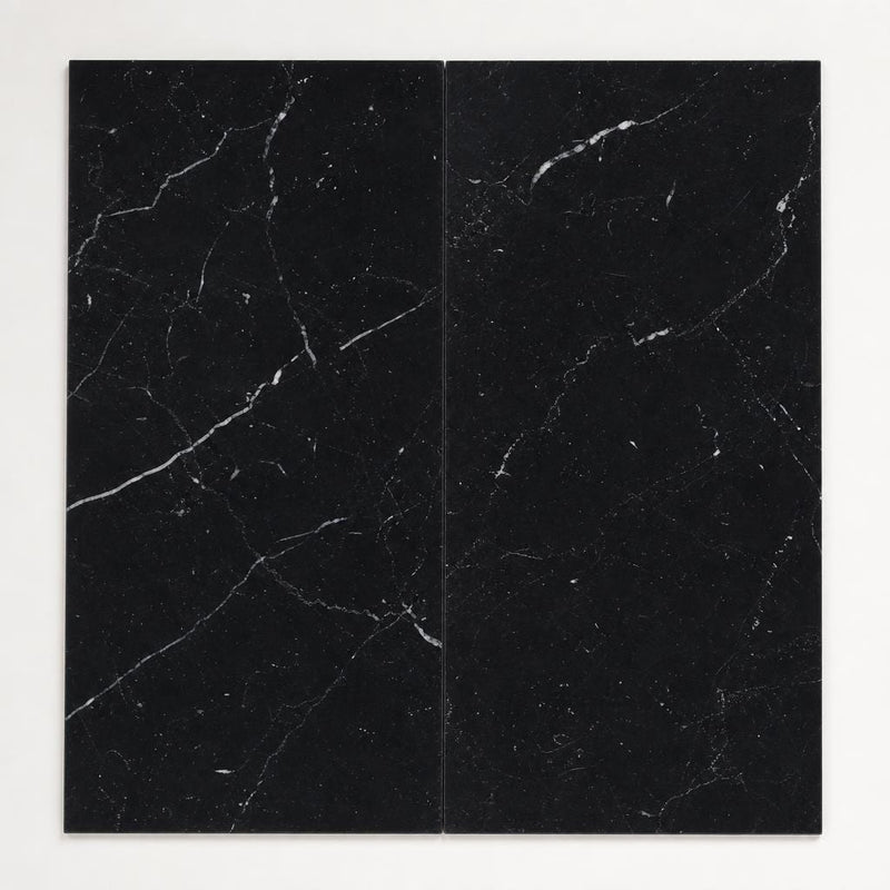 Negro Marquina 12x24 Honed Veined Marble Tile close-up