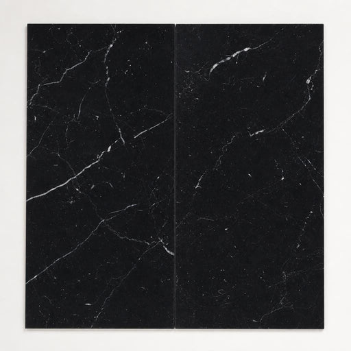 Negro Marquina 12x24 Honed Veined Marble Tile close-up