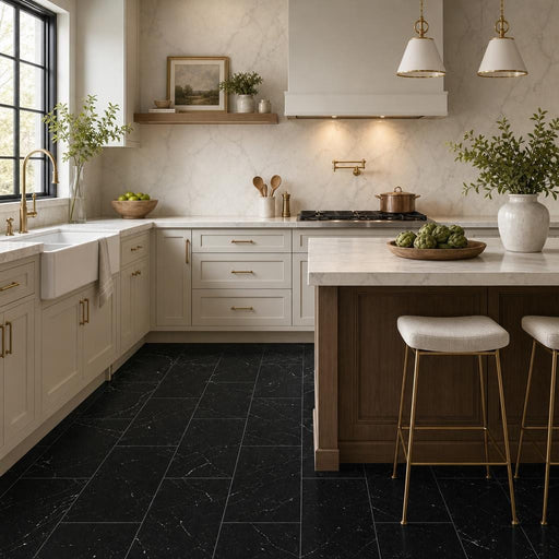 Negro Marquina 12x24 Honed Veined Marble Tile — Kitchen floor